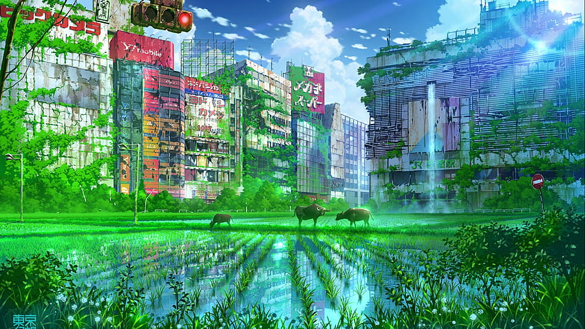 Anime Apocalypse, Ruins, Green, Bull, Scenic, Buildings für iMac 27 Zoll HD-Hintergrundbild