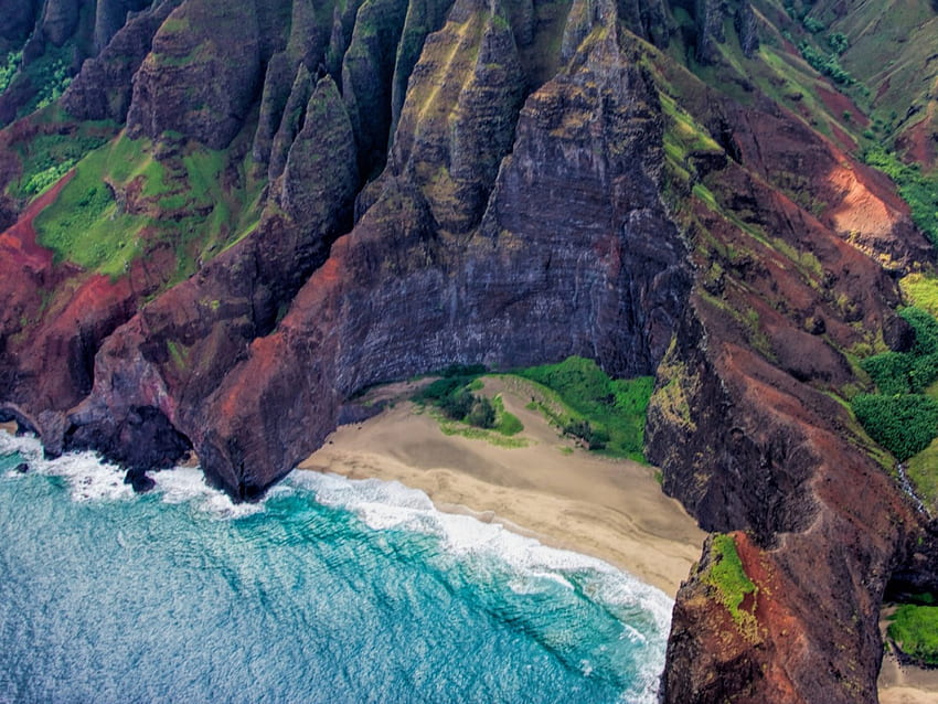 pantai honopu na pali pantai kauai, laut, tebing, tumbuh-tumbuhan, pantai Wallpaper HD