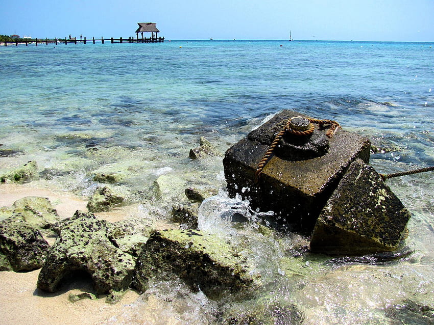 Old Stone Anchor, bleu, sable, ancre, jetée, mexique, plage, pierre, nature, eau, vague, océan, cozumel Fond d'écran HD
