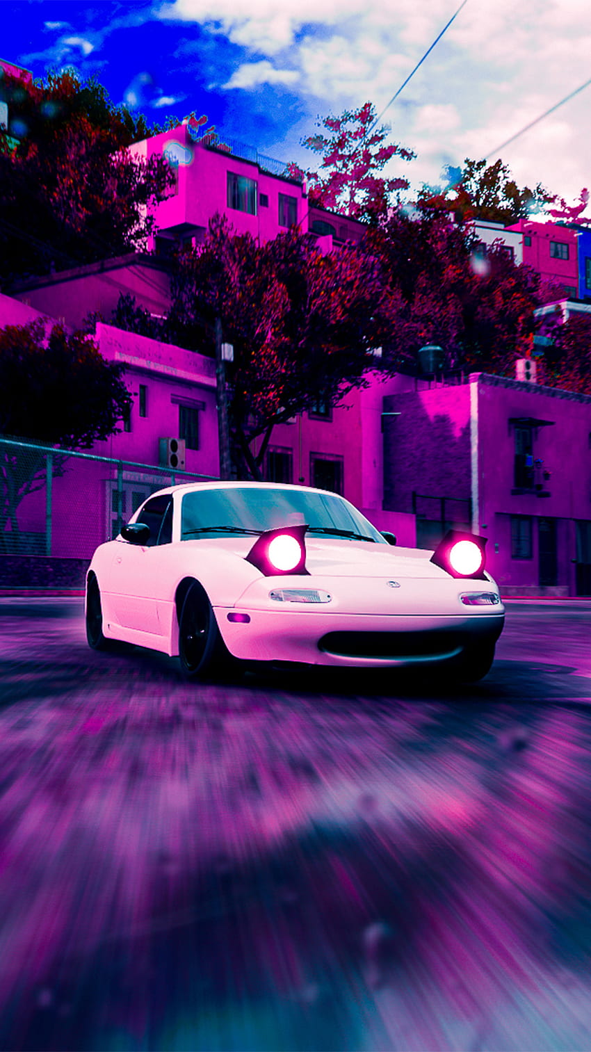 Mazda Miata, jdm, rosa miata, mazda mx5, rosa y azul, colores cyberpunk fondo de pantalla del teléfono