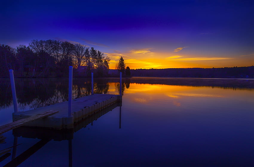 Lake Sunset, azul, árboles, puente, cielo, naturaleza, bosque, lago, puesta de sol fondo de pantalla
