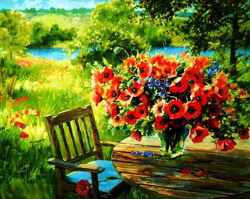 Gartenstillleben, Kunstwerk, Stuhl, Tisch, Blumenstrauß, Gemälde, Blüten, Bäume, Blumen HD-Hintergrundbild