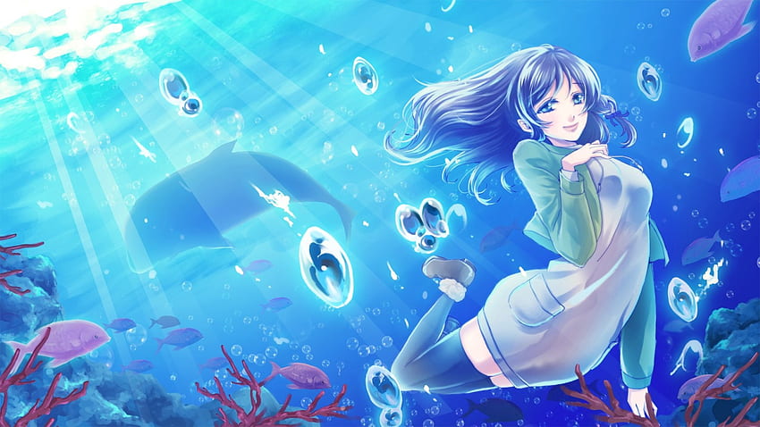 illustration, sea, anime, anime girls, water, fish, blue, underwater, Nagi no Asukara, Chisaki Hiradaira, dolphin, biology, screenshot, computer High quality walls HD wallpaper