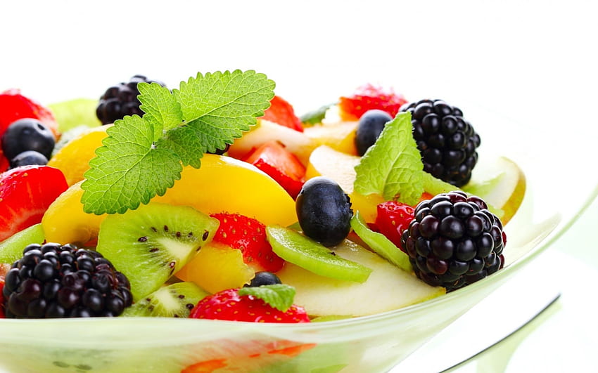 Salada de frutas, saudável, amora, deliciosa, frutas, frutas, comida papel de parede HD