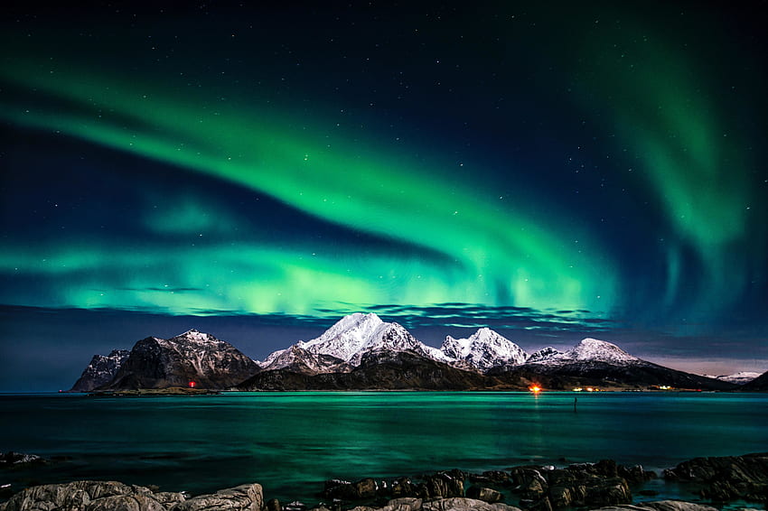 Aurora Borealis, lampu hijau, langit, malam, Eropa Wallpaper HD