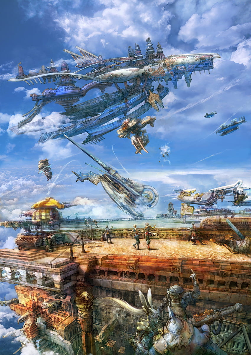 Ilustración de nave voladora azul y blanca Final Fantasy XII fondo de pantalla del teléfono