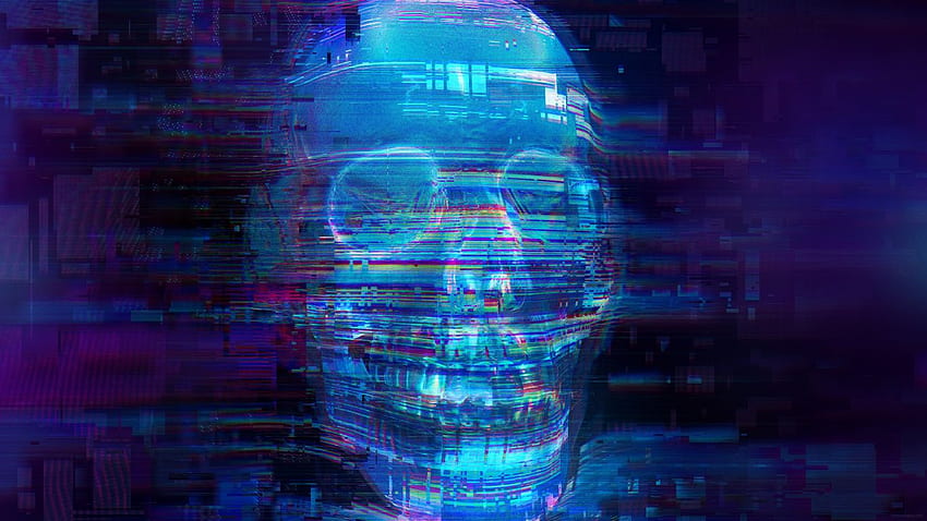 Cráneo, miedo, arte glitch, azul neón, tableta, computadora portátil fondo de pantalla