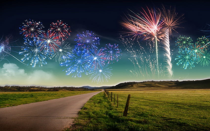 Fireworks in the sky, country road, hills, landscape, barbwire fence, grass HD wallpaper