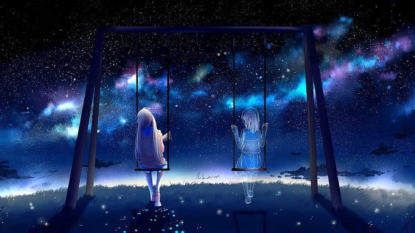 Anime Girls, Swing, Friends, Stars, 4096x2304 HD wallpaper