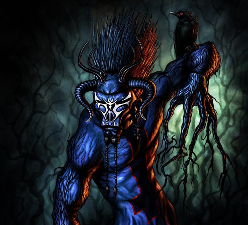 Blue Evil, bird, horns, evil, dark, demon, artwork, fantasy, abstract, branches HD wallpaper