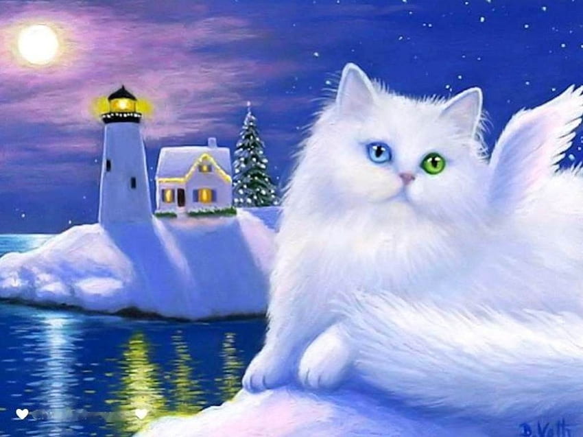 The Lighthouse Kitty, winter, sea, artwork, painting, snow, cat, christmas tree HD wallpaper