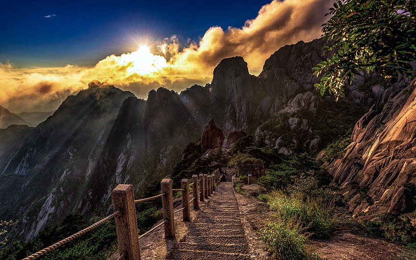 evening, mountains, sunset, mountain road, mountain landscape, China, r HD wallpaper