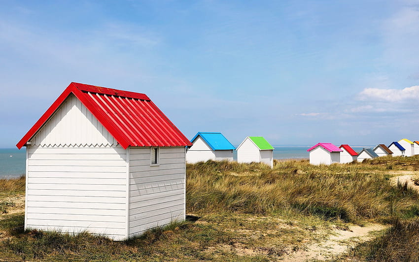 グヴィルビーチ、ノルマンディー、フランス、海、フランス、小屋、ビーチ 高画質の壁紙