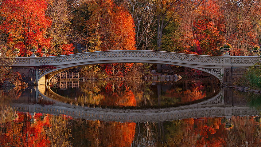Beautiful Red Yellow Green Autumn Leaves Trees Bridge Above Lake Reflection On Water Nature HD wallpaper