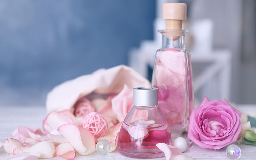 Rose rosa, bottiglia, profumo Sfondo HD