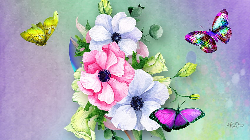 Susmmer Bright, flowers, spring, pastel, summer, butterflies, soft HD wallpaper
