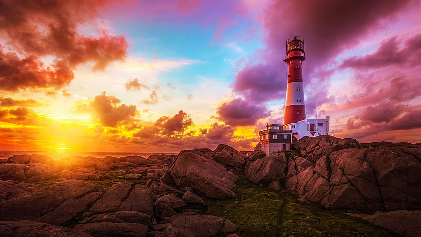 Sunset at the Coast, sky, lighthouse, rocks, sea, colors, clouds HD wallpaper