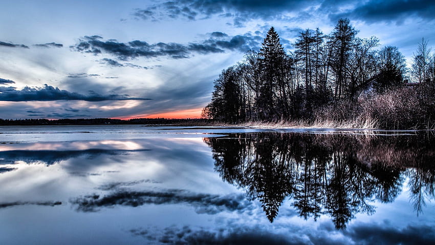 beautiful winter lake at dusk, winter, reflection, trees, dusk, lake HD wallpaper