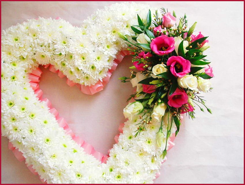 インターネットの友達への愛、ピンク、白、バラ、緑、花、ハート 高画質の壁紙