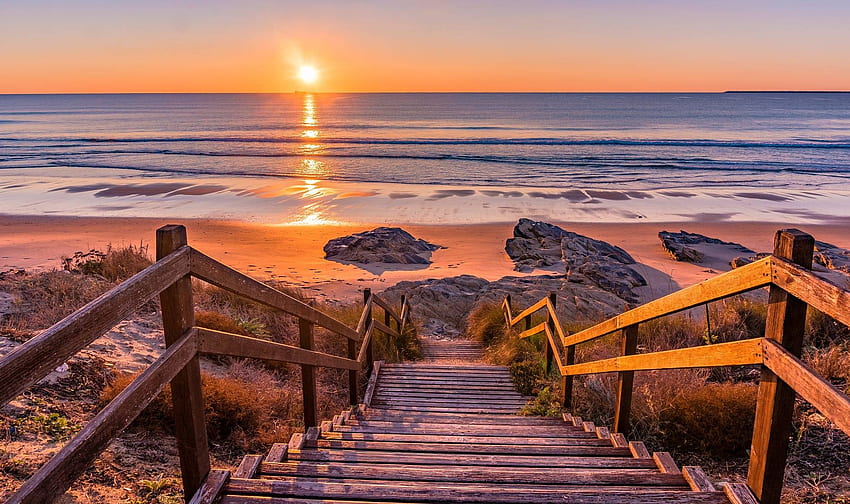 escalier vers le coucher du soleil, rigolo, cool, nature, coucher de soleil, océan, plage Fond d'écran HD