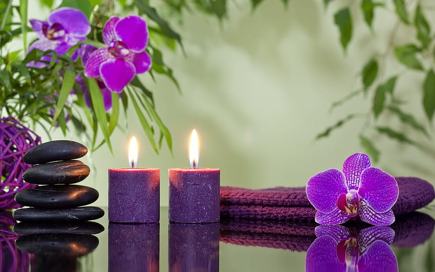 Orchid Reflection, towel, flames, stones, purple, still life, reflection, spa, orchid, candles, orchids HD wallpaper