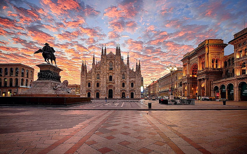 ミラノ大聖堂、イタリアのランドマーク、ミラノ、ミラノのドゥオーモ、夕日、広場、大聖堂教会、ロンバルディア、イタリア、ヨーロッパ 高画質の壁紙