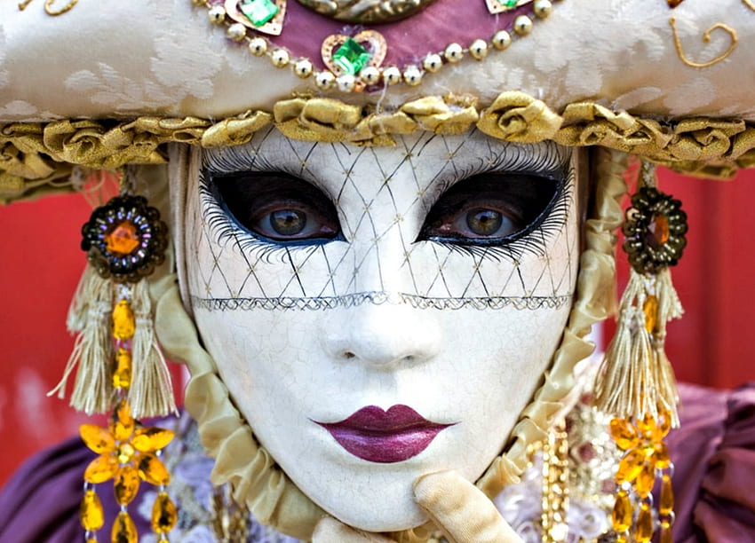 Carnevale di Venezia, bianco, maschera, ragazza, donna, rosa, giallo, rosso, cappello Sfondo HD