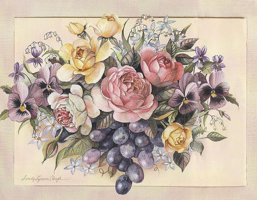Викторианско изкуство, теменужки, божури, рози, живопис, грозде, цветя HD тапет