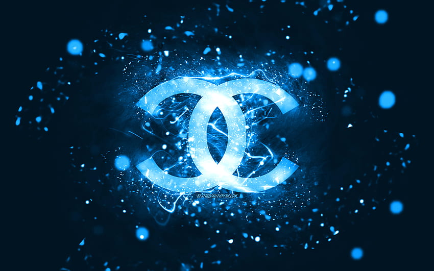Chanel blue logo, , blue neon lights, creative, blue abstract background, Chanel logo, fashion brands, Chanel HD wallpaper