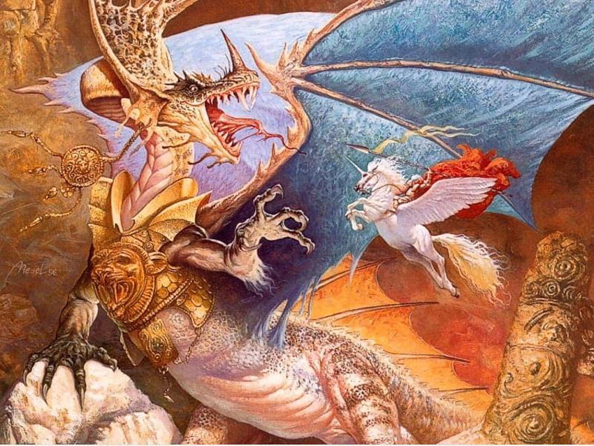 fighting the dragon, horse, greek mythology, abstract, hero, fantasy, stallion, pegasus, fantasy horse HD wallpaper