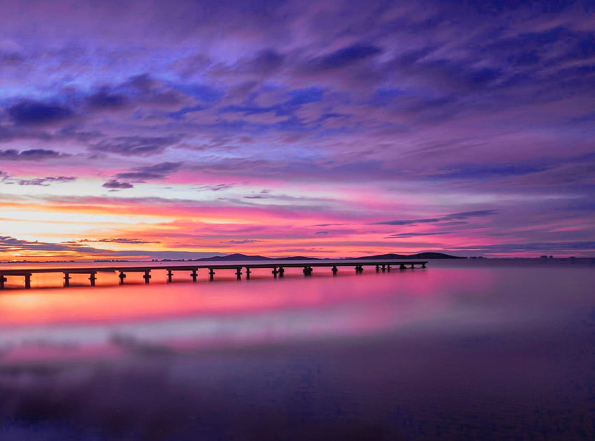 Beach sunset, pier, sunrise, beach, purple, pink, clouds, sky, nature, sunset HD wallpaper