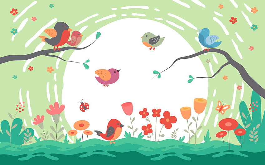 Spring, birds, flowers, vector, sun HD wallpaper