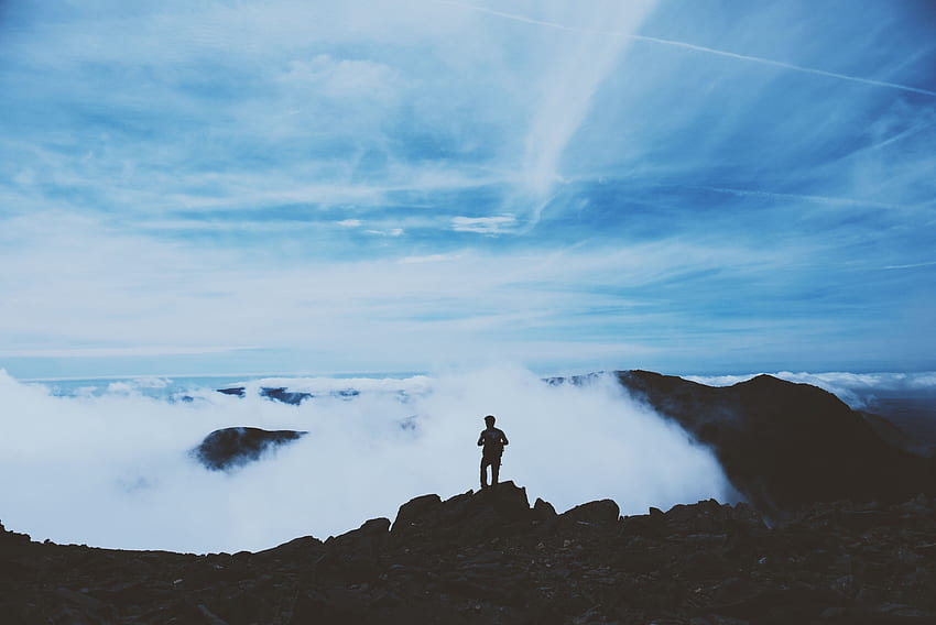 Nature, Mountains, Clouds, Vertex, Top, Silhouette, Human, Person HD wallpaper