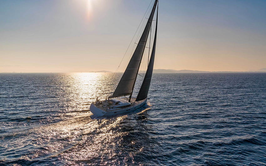 CNB 66, jacht wycieczkowy, jacht żaglowy, pejzaż morski, wieczór, zachód słońca, żaglówka na morzu Tapeta HD