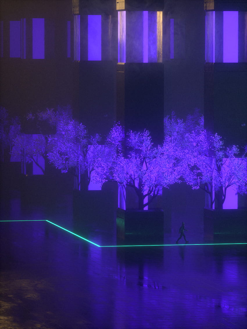 나무, 밤, 건물, 어두운, 실루엣, 네온 HD 전화 배경 화면
