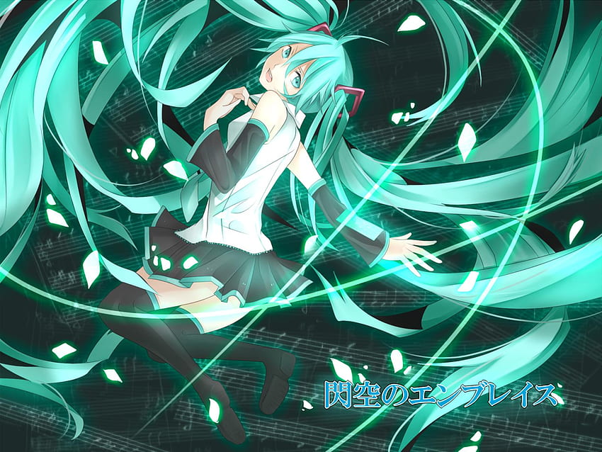 Hatsune Miku, teal, awesome, uniform, song notes, artistic, nice, waves, petals, hatsune, music notes, notes, white, art, twintail, girl, singer, aqua, anime girl, anime, pretty, drawing, virtual, blue, black, song, cute, ribbons, vocaloid, beauty, miku, music, painting, vocaloids, thighhighs, program, skirt, beautiful, diva, tie, cool, flowers, idol HD wallpaper