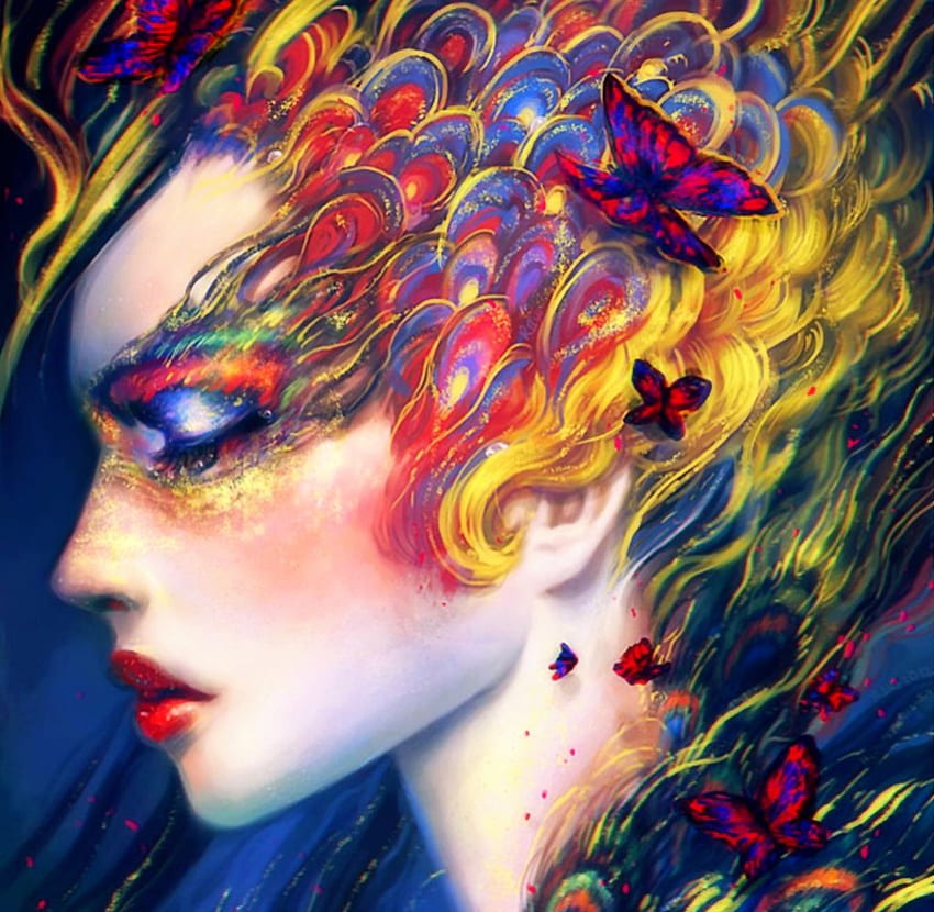 Keajaiban Musim Semi, kupu-kupu, warna-warni, sihir, alam, wanita Wallpaper HD
