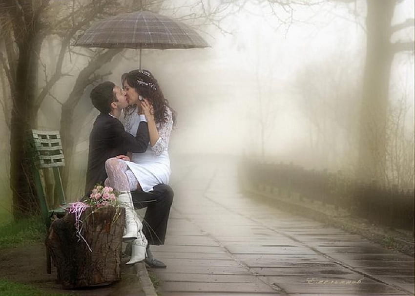 Sweet Romance, sweet, couple, umbrella, romance HD wallpaper