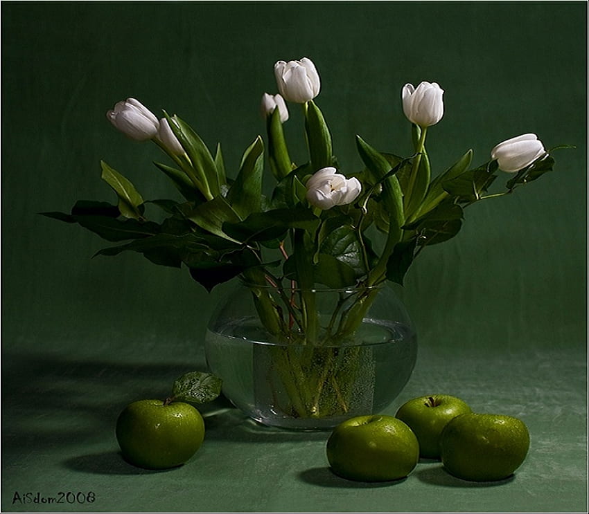 Evergreen, white, apples, petals, green, vase, flowers, fruits, tulips HD wallpaper