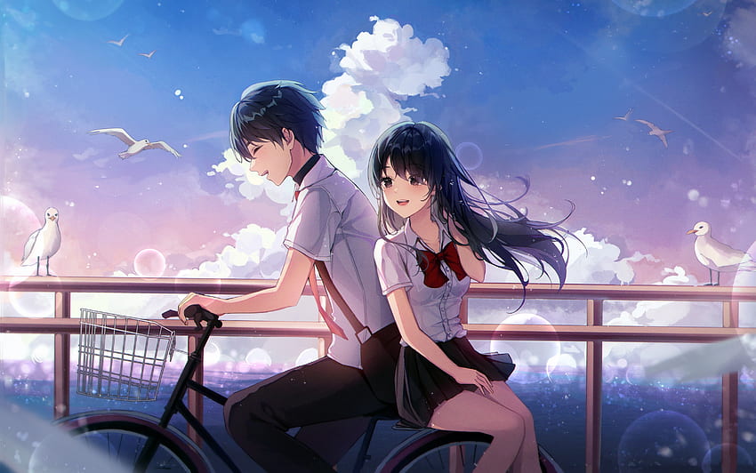 Couple riding bicycle, couple, sky, ride, Anime HD wallpaper