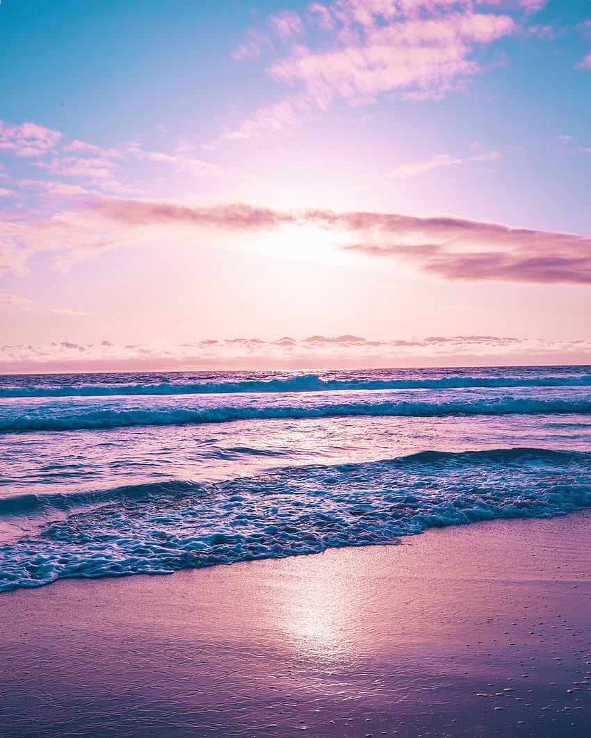 海岸、海の波、夕日、ビーチ HD電話の壁紙
