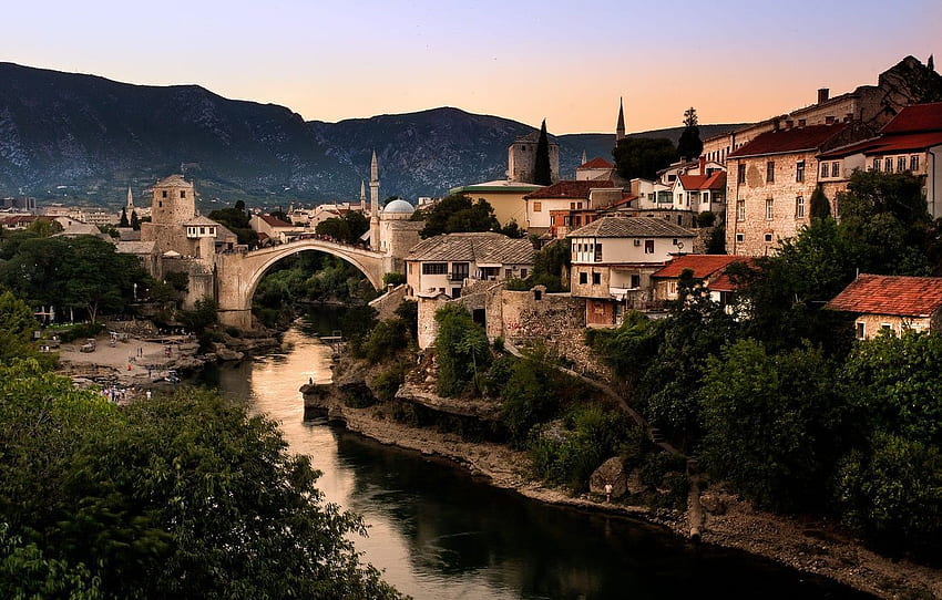 landscape, mountains, bridge, the city, river, home, mosque, Bosnia and Herzegovina, Mostar, Neretva for , section город - HD wallpaper