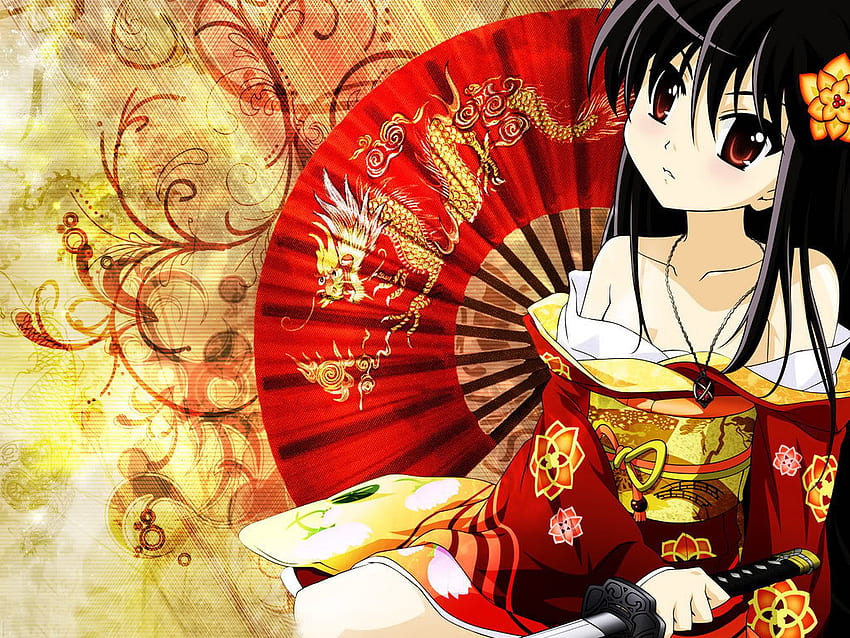 Beautiful geisha, golden, green eyes, manga, yellow, bow, geisha, water,  girl, HD wallpaper