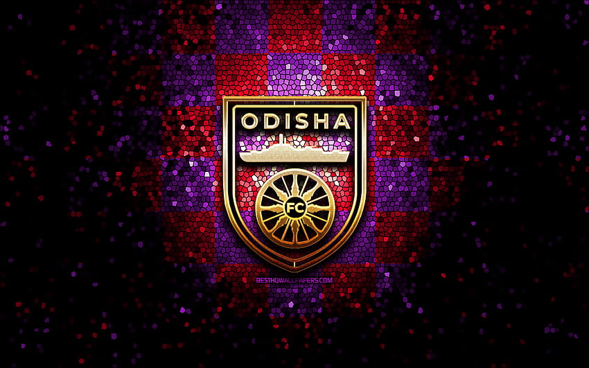 Odisha FC, glitter logo, ISL, violet purple checkered background, soccer, indian football club, Odisha FC logo, mosaic art, football, FC Odisha, India HD wallpaper