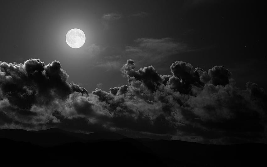 雲, 月, 空, 黒と白 高画質の壁紙