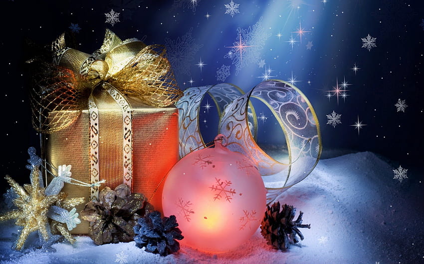 Noël à venir, boules, cadeau, colis, paillettes Fond d'écran HD
