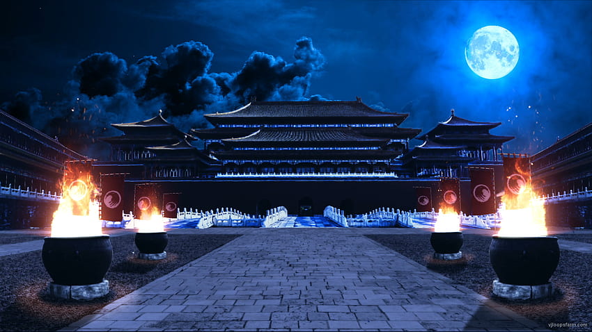 Templo chino tradicional una noche - VJ Loop. Bucle vj completo fondo de pantalla