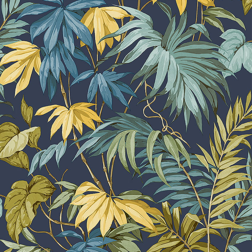 Grandeco Liane Tropicale Navy 167402, Navy Blue and Yellow HD phone wallpaper