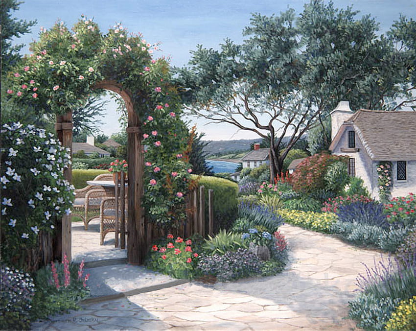 Neighbors, table, plants, sidewalk, hedges, houses, stones, lake, chairs, painting, vines, trees, flowers, sky, trellis HD wallpaper