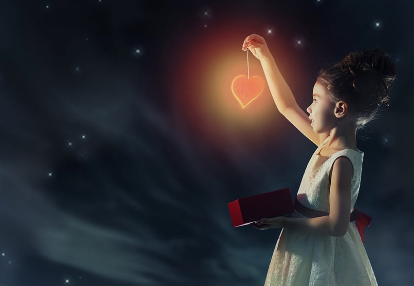 Happy Valentine's Day!, night, cute, girl, gift, copil, little, valentine, magical, red, heart, child HD wallpaper